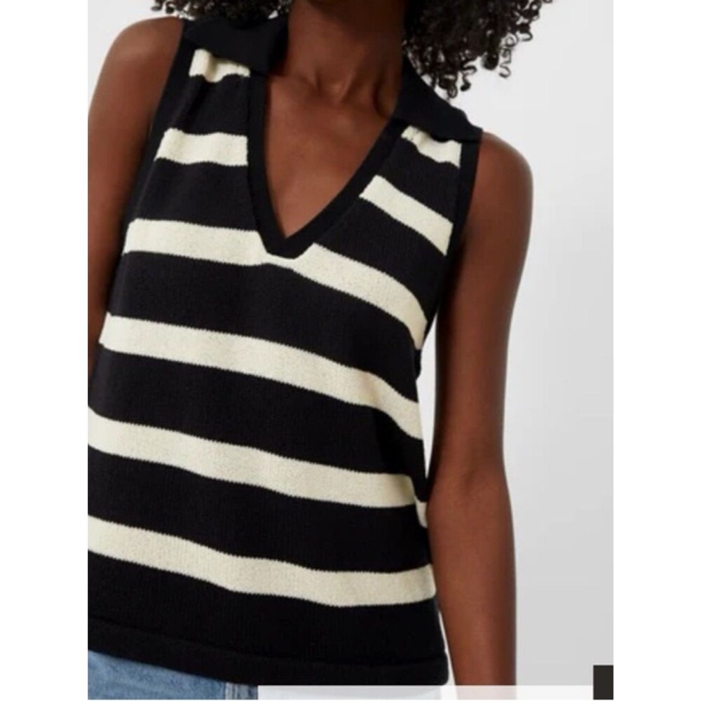 Pomander Place Ada Polo Knit Striped Tank Top In Black and Cream Size S